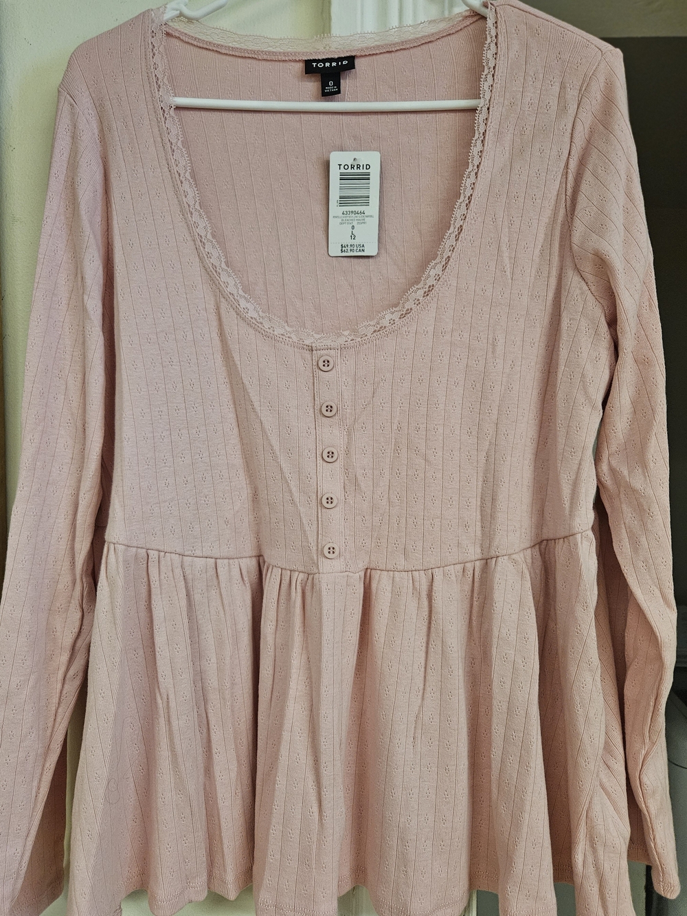 Torrid Blush Pink Lace Trim Henley Peplum Top